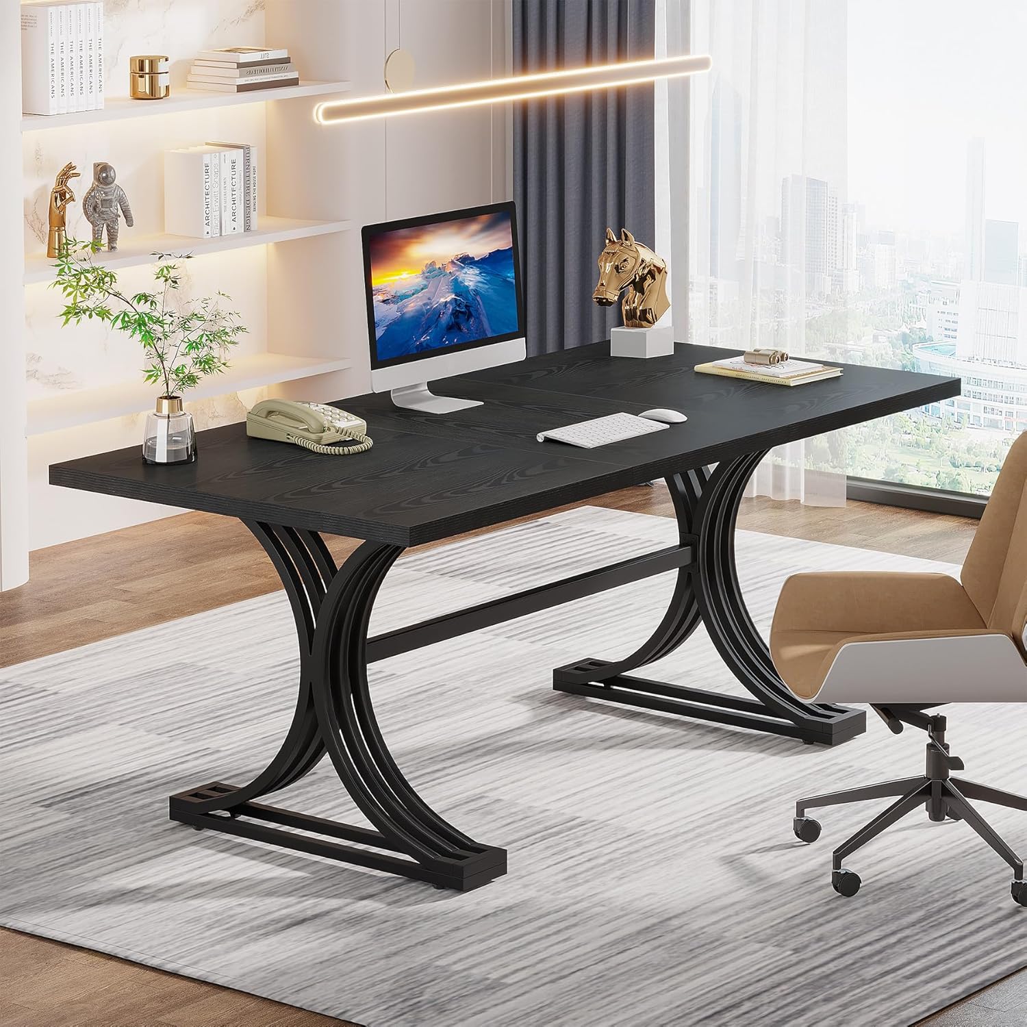 63" Computer Desk with Faux Marble Surface and Gold Metal Base, Modern Executive Desk