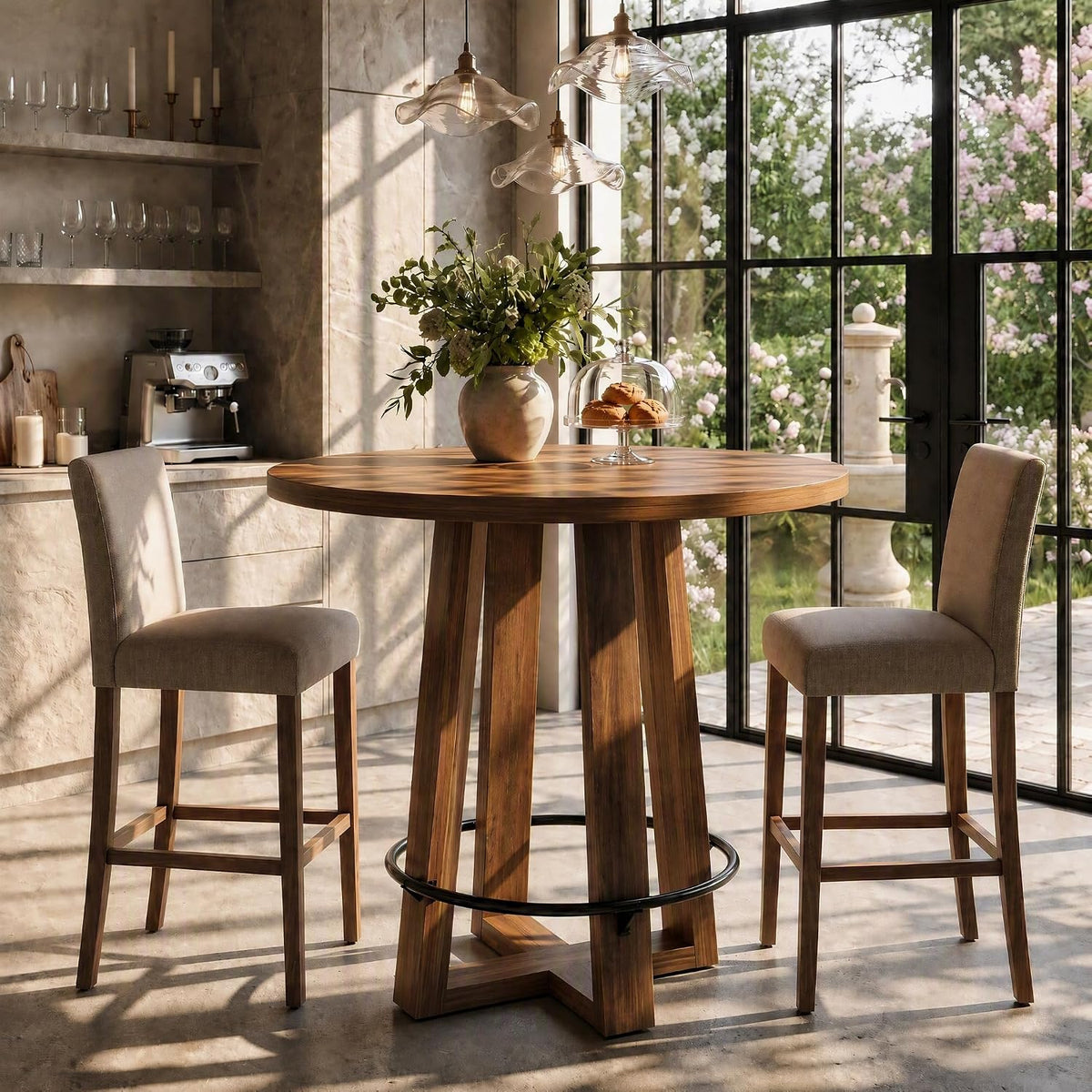 31" Round Counter Height Dining Table, Metal Footrest, Farmhouse Kitchen