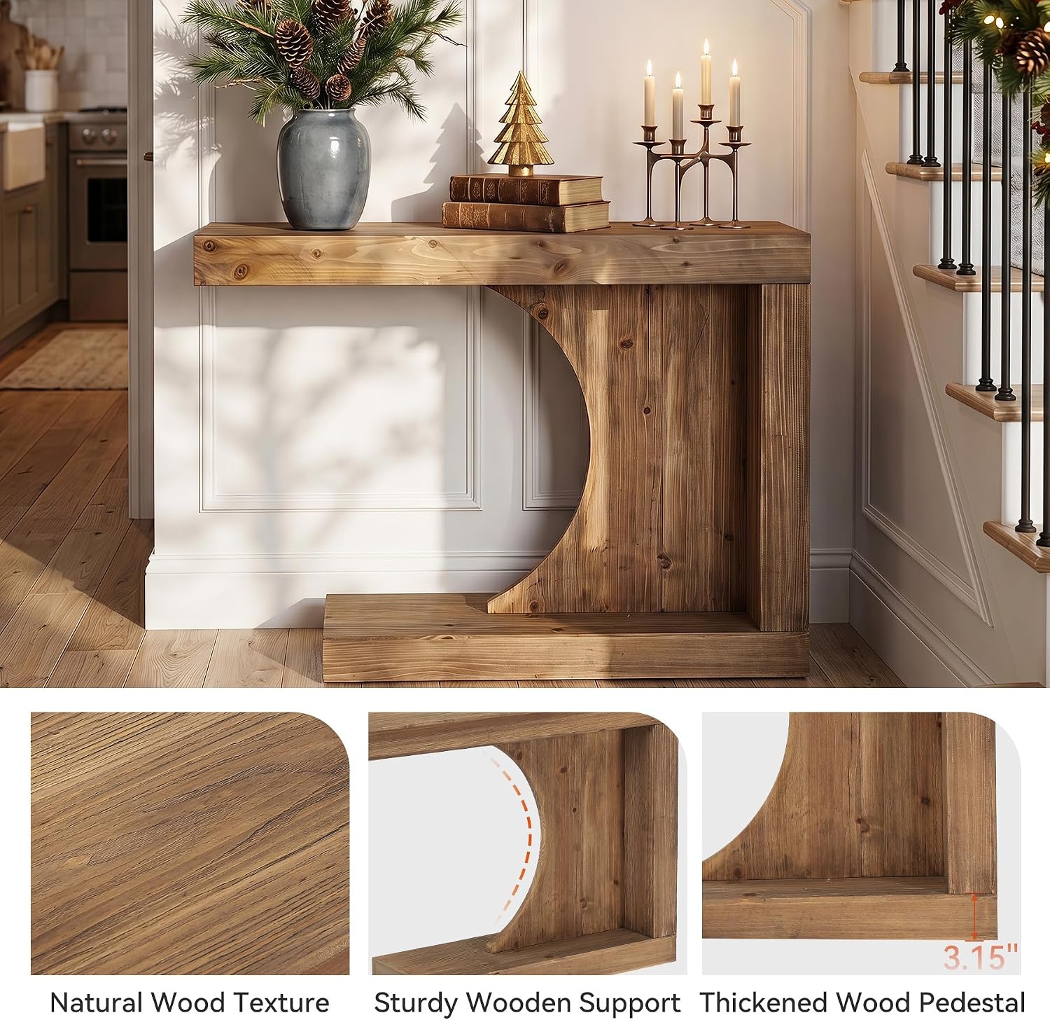 39.4" C-Shaped Console Table, Solid Wood Modern Entryway Accent Table for Living Room