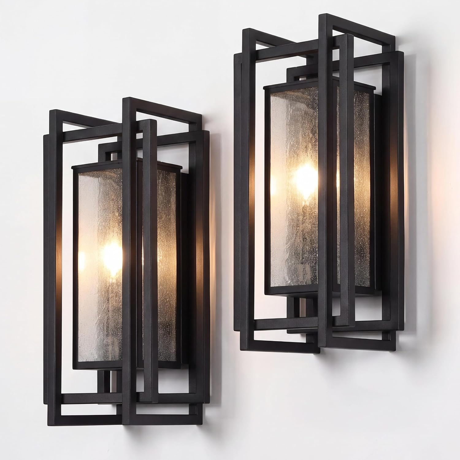 2-Light Outdoor Wall Sconce, 18.7" Exterior Wall Lighting Fixtures with Seeded Glass Shade