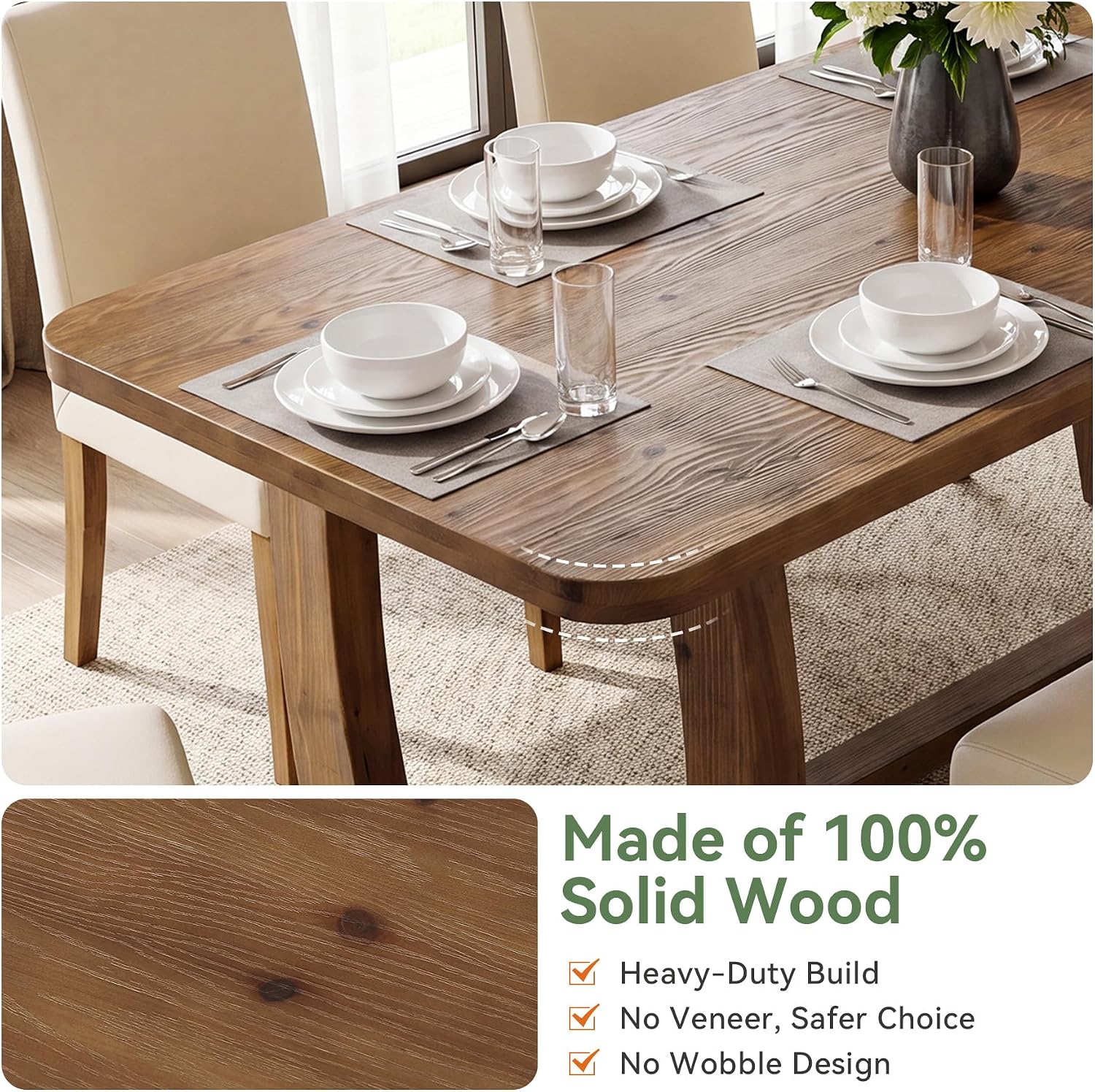 63" Solid Wood Dining Table, Farmhouse Rectangle Kitchen Table with U-Shaped Trestle Base