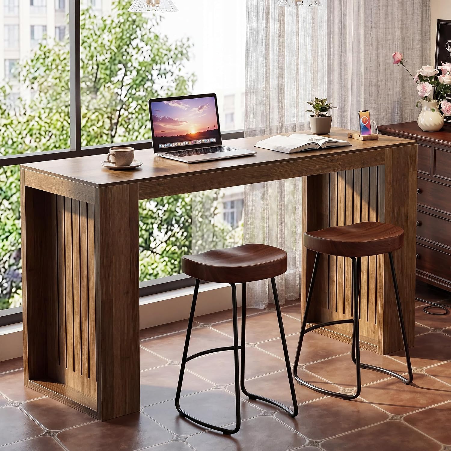 63" Long Bar Table, Counter Height Home Bar Unit Dining Table