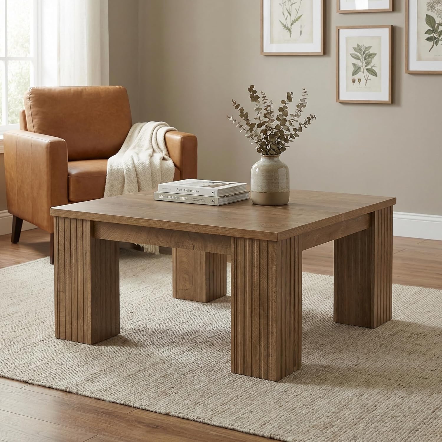 39" Square Coffee Table, Farmhouse Center Table with Fluted Legs