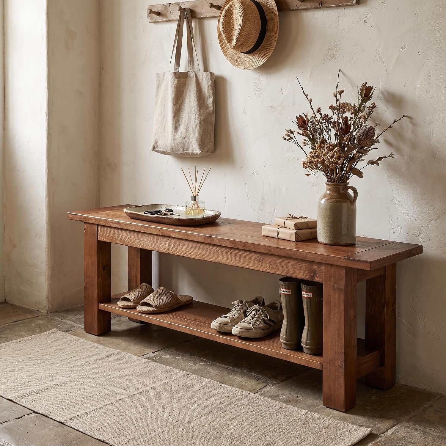 71" Extra Long Entryway Bench with Shoe Storage, Rustic Farmhouse Solid Wood, 2-Tier, Hallway