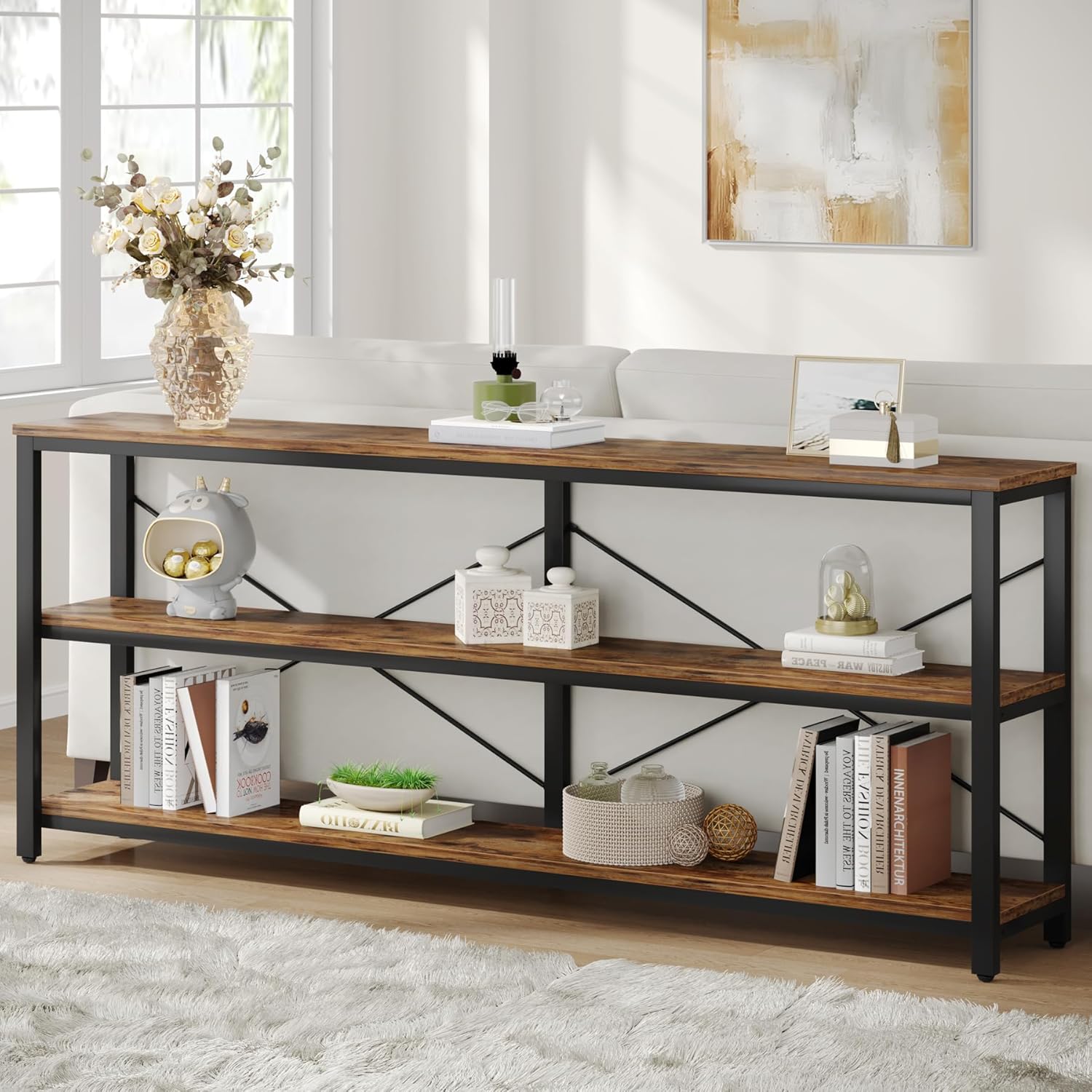 Tribesigns 70.9-Inch Extra Long Console Table, 3-Tier Industrial Sofa Table with Storage
