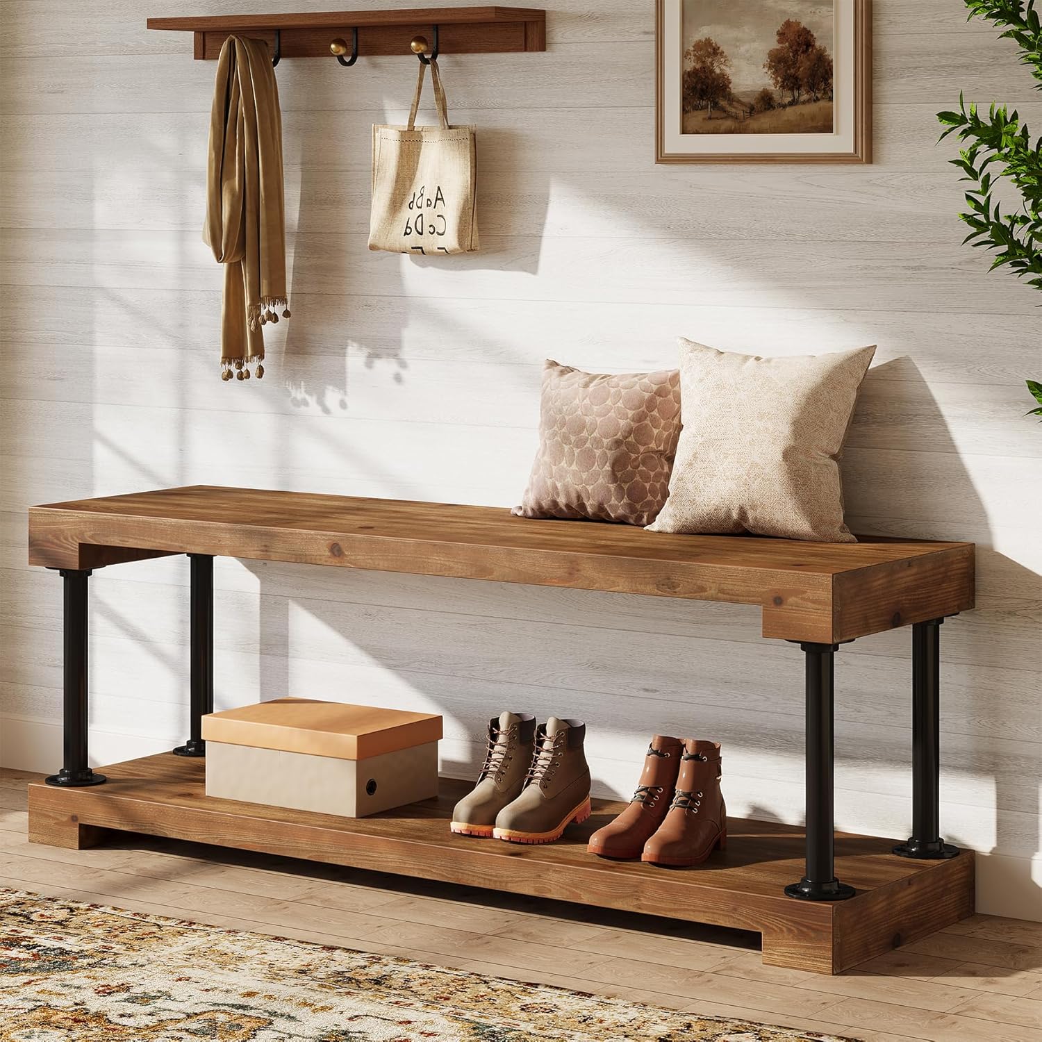 Tribesigns 63" Solid Wood Entryway Bench, Industrial Storage Bench with Shelf