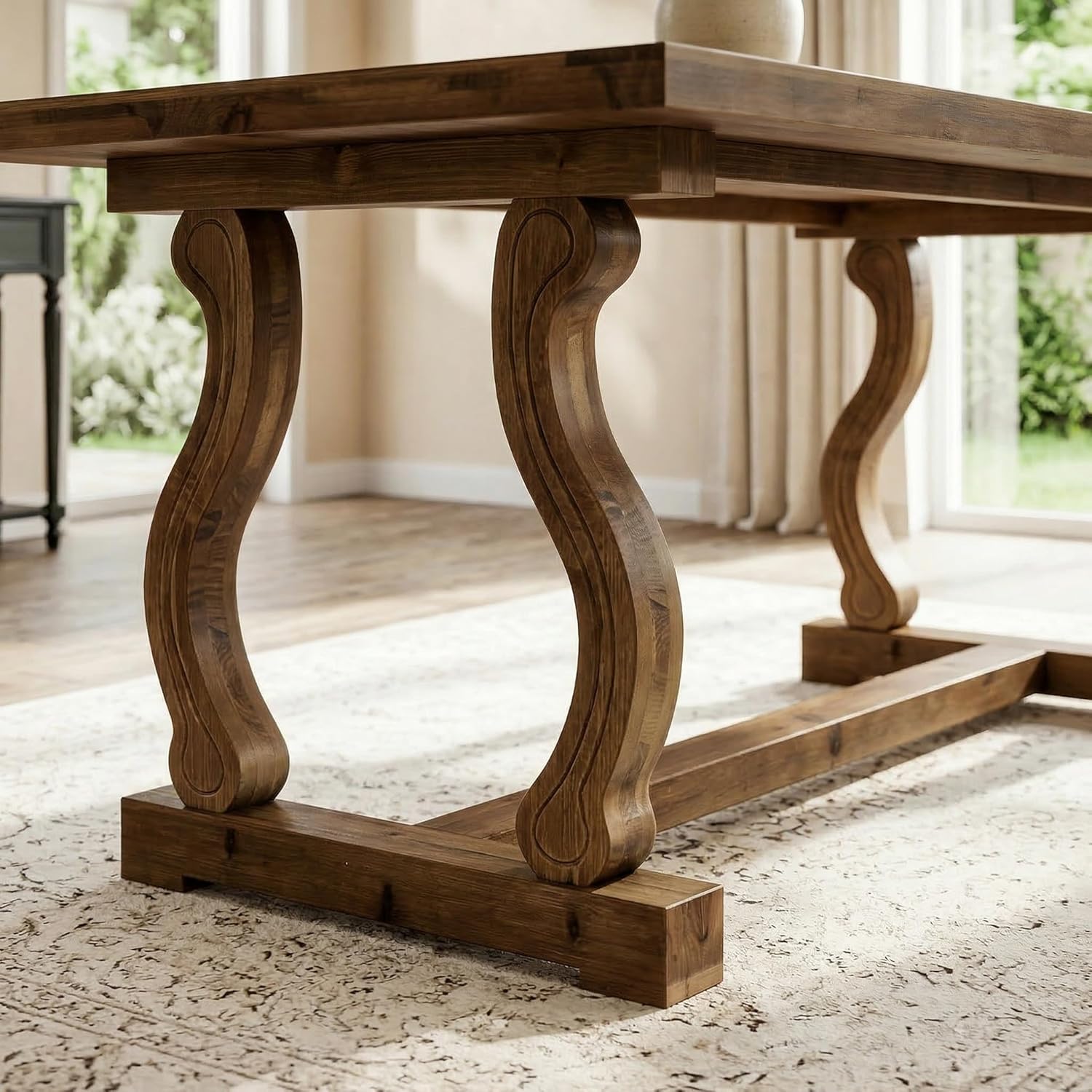 63" Solid Wood Farmhouse Dining Table for 4–6, Rectangular Kitchen Table with Parquetry Top & Scroll Legs