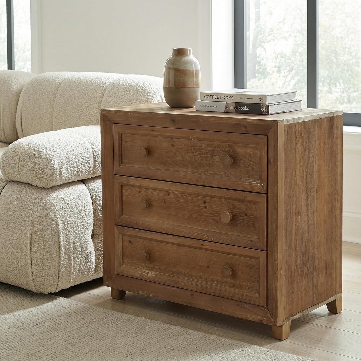 31.5" Wide Nightstand, Solid Wood Bedside Table with 3 Drawers