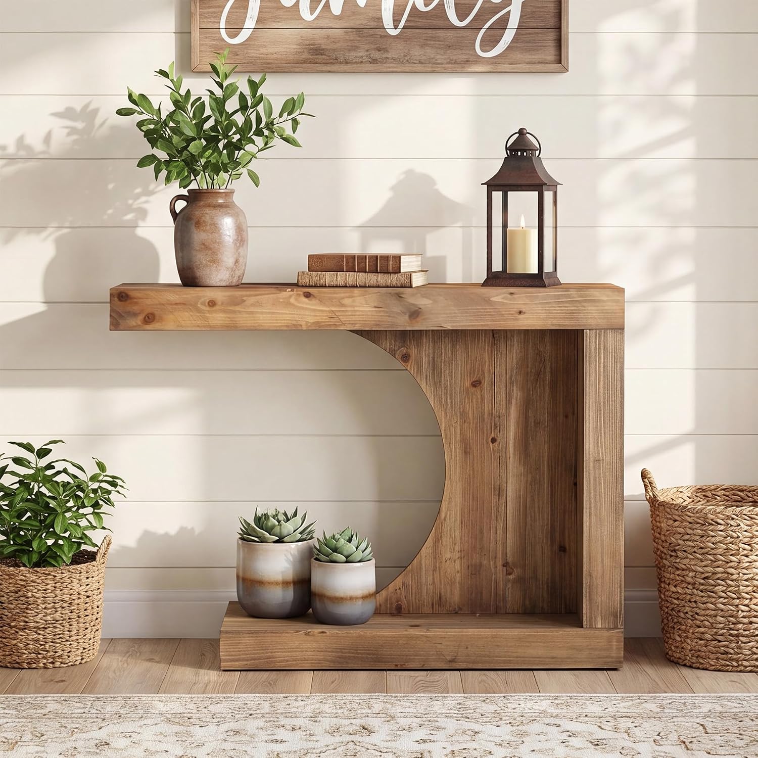 39.4" C-Shaped Console Table, Solid Wood Modern Entryway Accent Table for Living Room