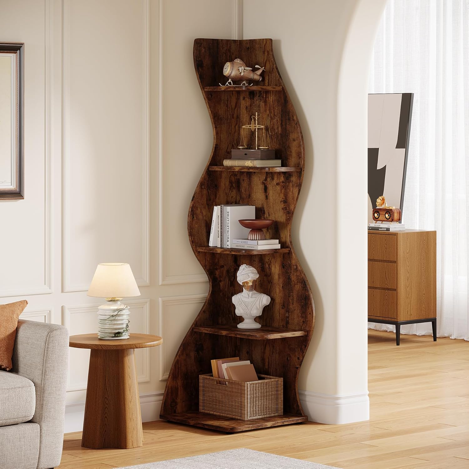 Tribesigns Wavy Corner Shelf, Modern 5-Tier Curved Bookshelf for Small Spaces