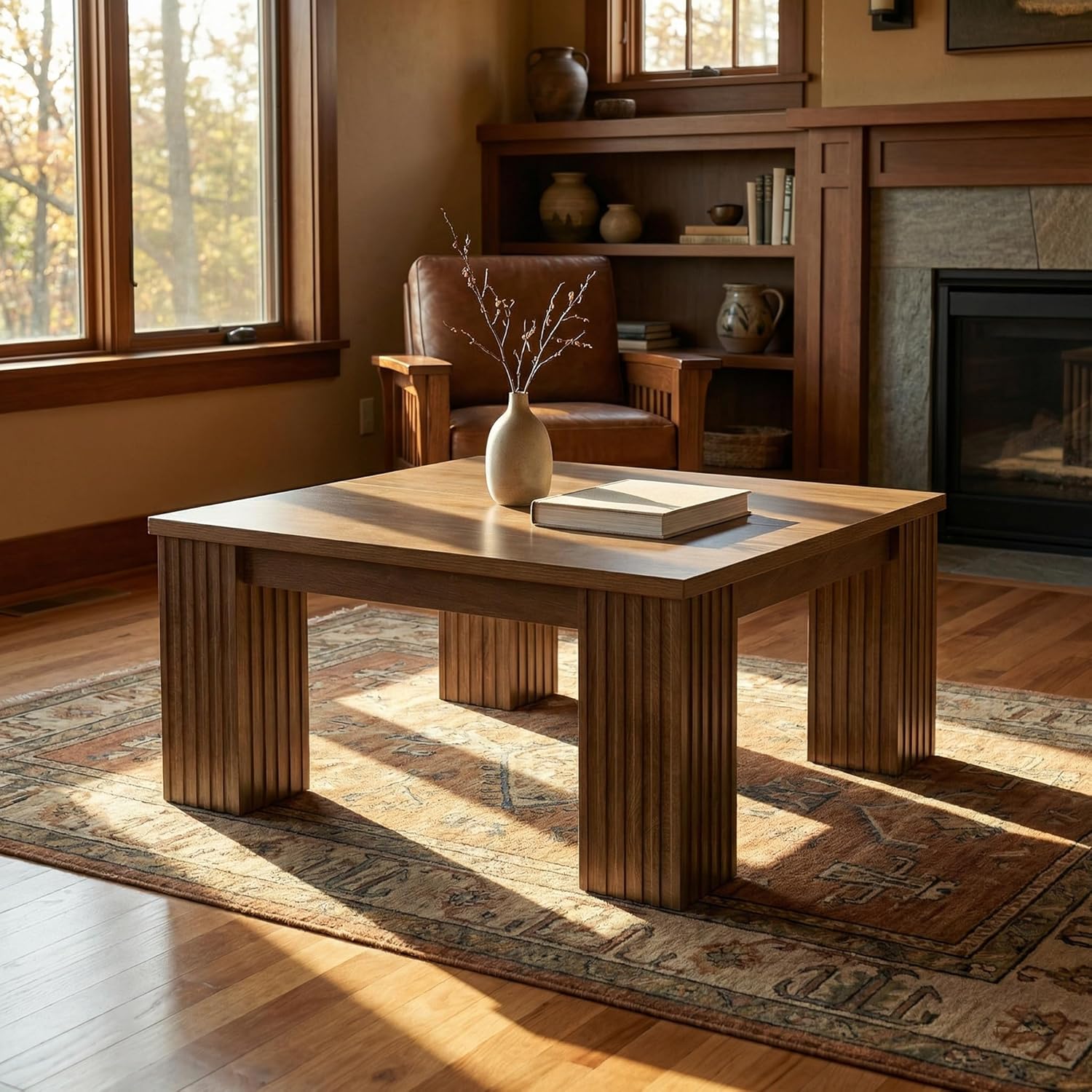 39" Square Coffee Table, Farmhouse Center Table with Fluted Legs