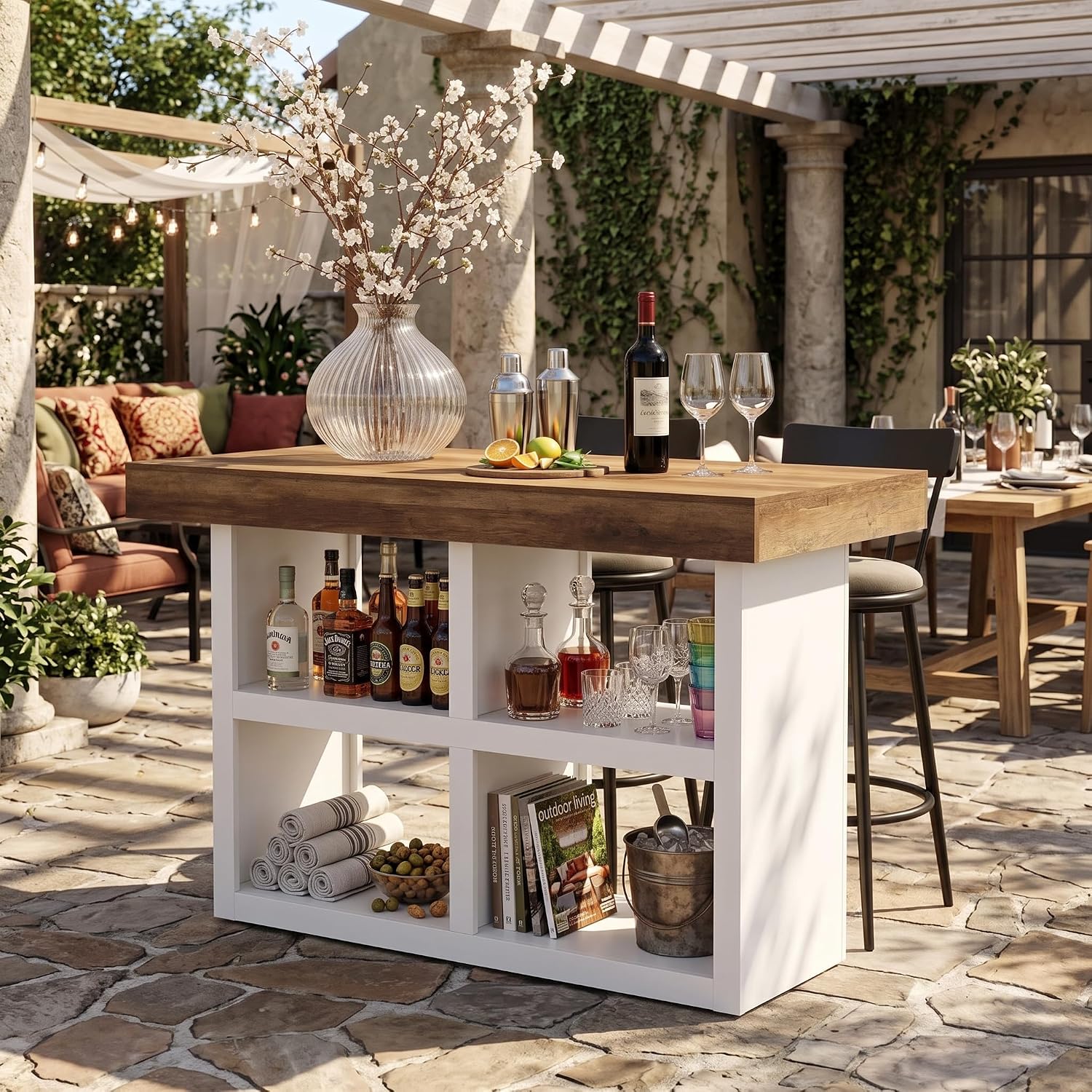 55" Counter Height Bar Table, 4 Open Storage Cubbies, Island Bar Station, Kitchen