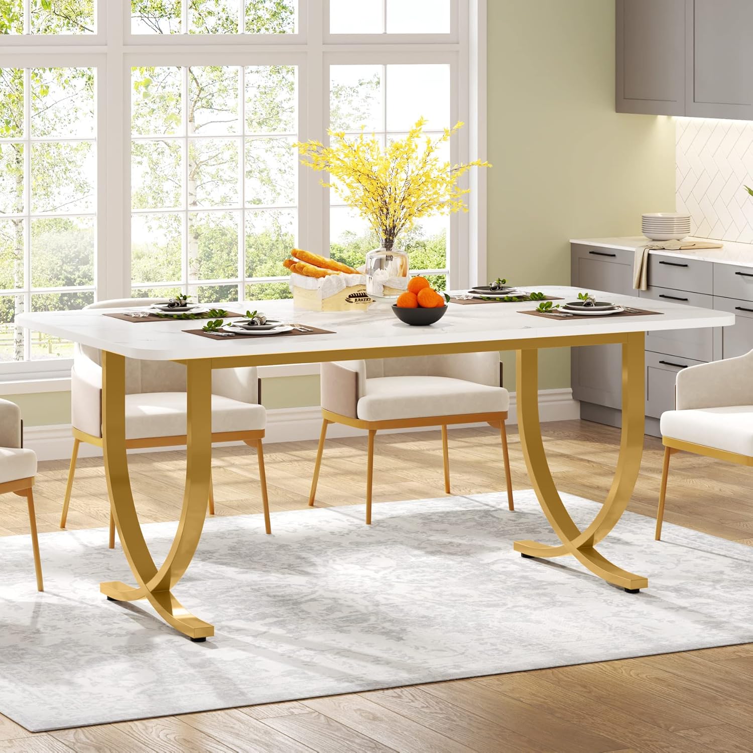 63" Modern Kitchen Table with Gold Metal Legs, Faux Marble Rectangular Dining Table