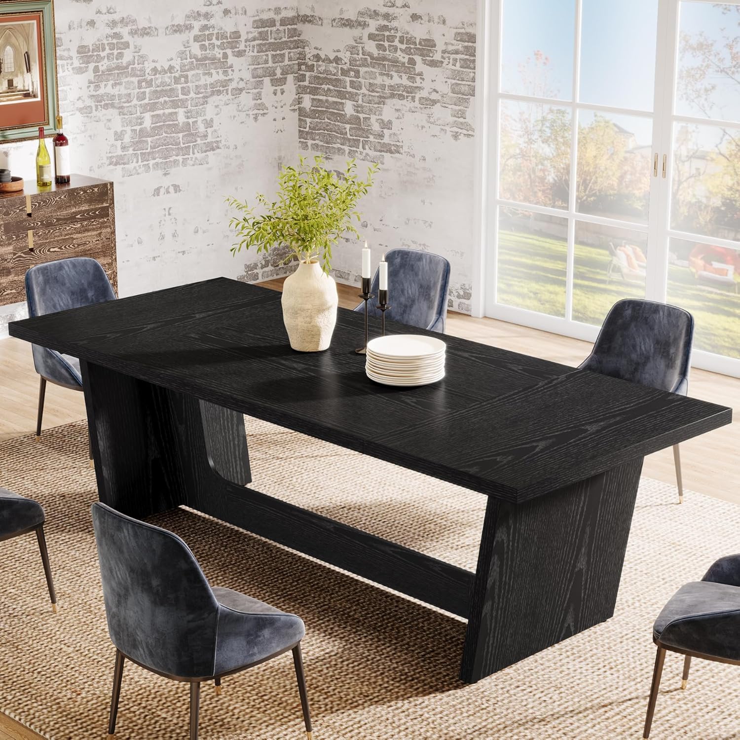 70.87" Rustic Brown Dining Table, Large Farmhouse Rectangular Table with Solid Pedestal Base