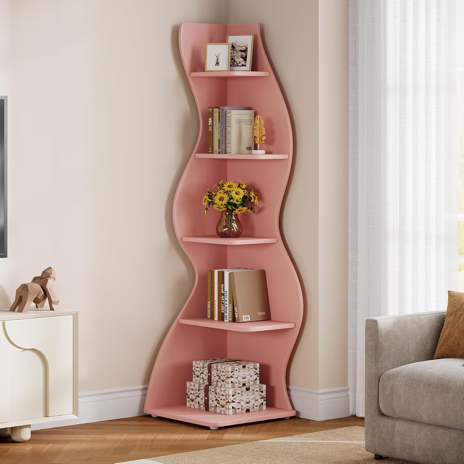 Tribesigns Wavy Corner Shelf, Modern 5-Tier Curved Bookshelf for Small Spaces