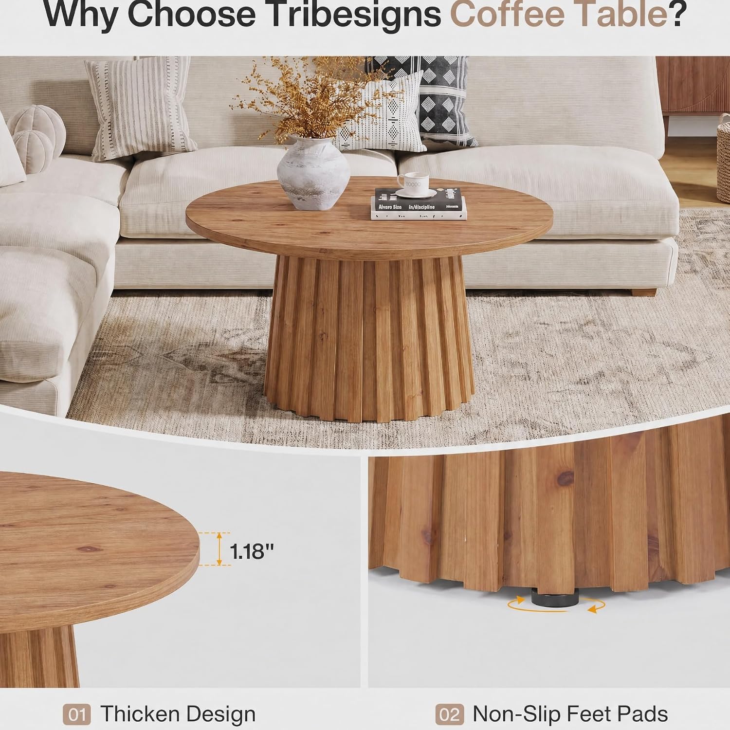 32" Round Fluted Coffee Table, Farmhouse Solid Wood Living Room, Circle Center Tea Table