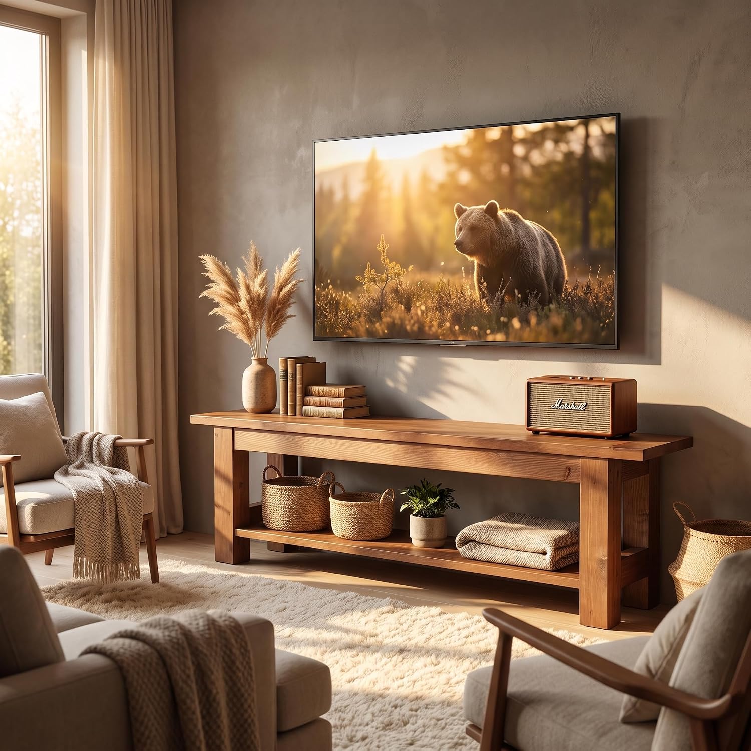 71" Rustic Solid Wood TV Stand for 75" TV, Entertainment Center with Storage Shelf