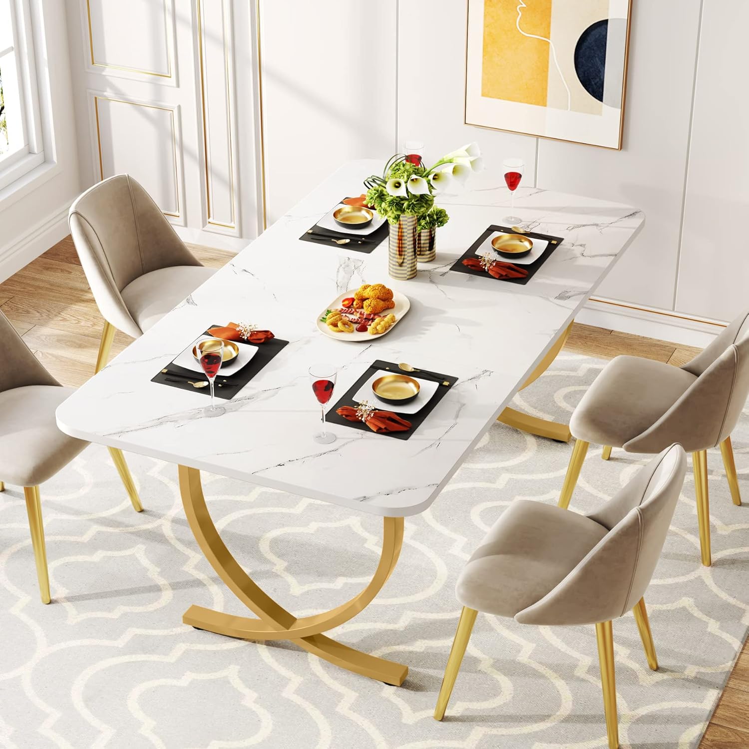 63" Modern Kitchen Table with Gold Metal Legs - Thumbnail 4