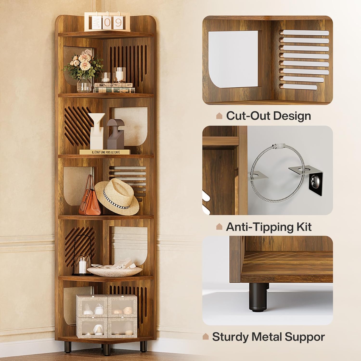 Tribesigns 6-Tier Corner Shelf, Tall Skinny Display Bookcase for Small Spaces