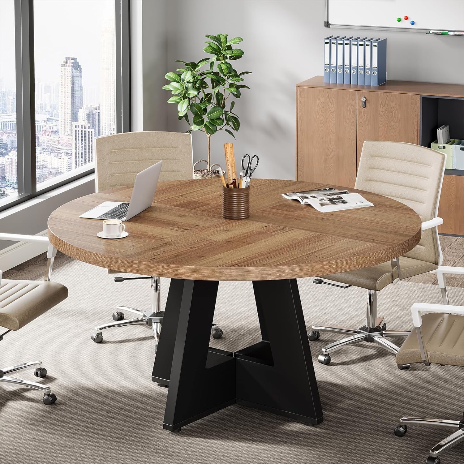Tribesigns 47-Inch Round Conference Table for 4-6 People, Wooden Base and Thickened Top