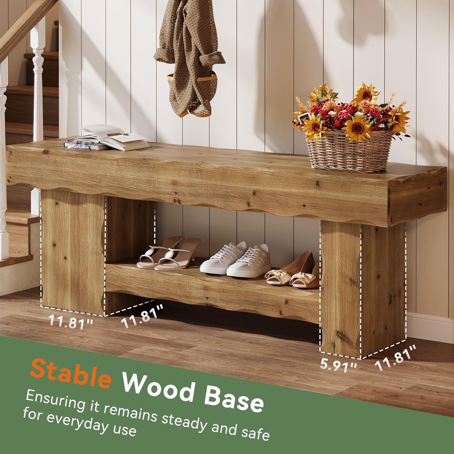 Solid Wood Entryway Shoe Bench, 63" End-of-Bed Bench with Storage Shelf