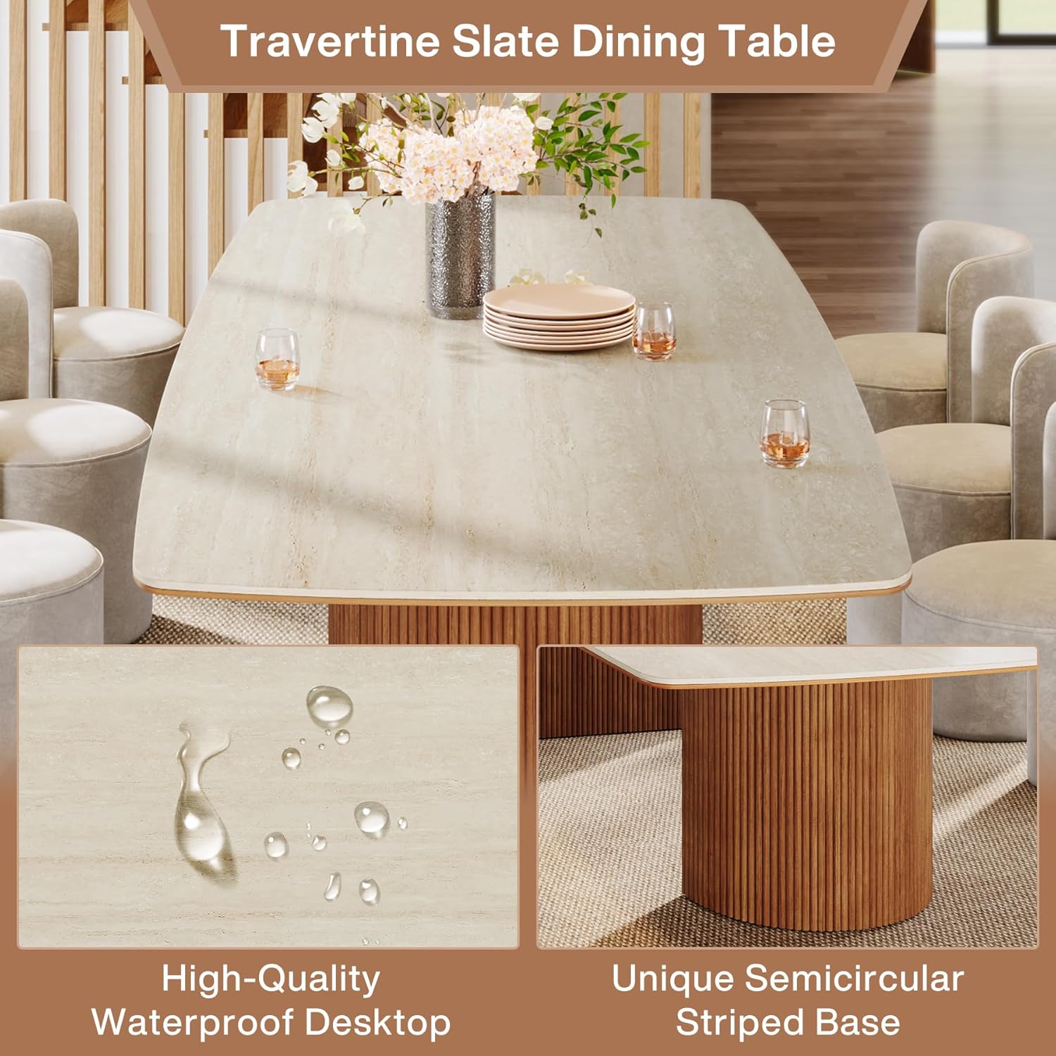 78.7" Travertine Slab Dining Table, Kitchen Table With Semi-Circular Stripe Base