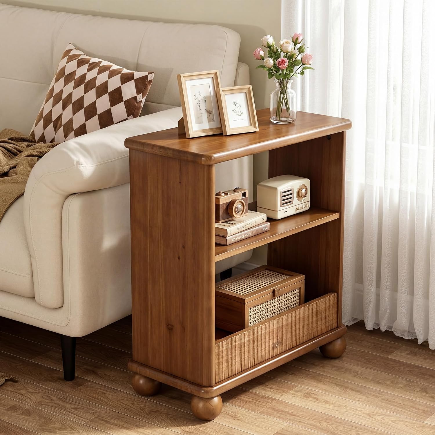 23.6" Solid Wood End Table, Farmhouse Rectangular Narrow Compact Side Table Nightstand