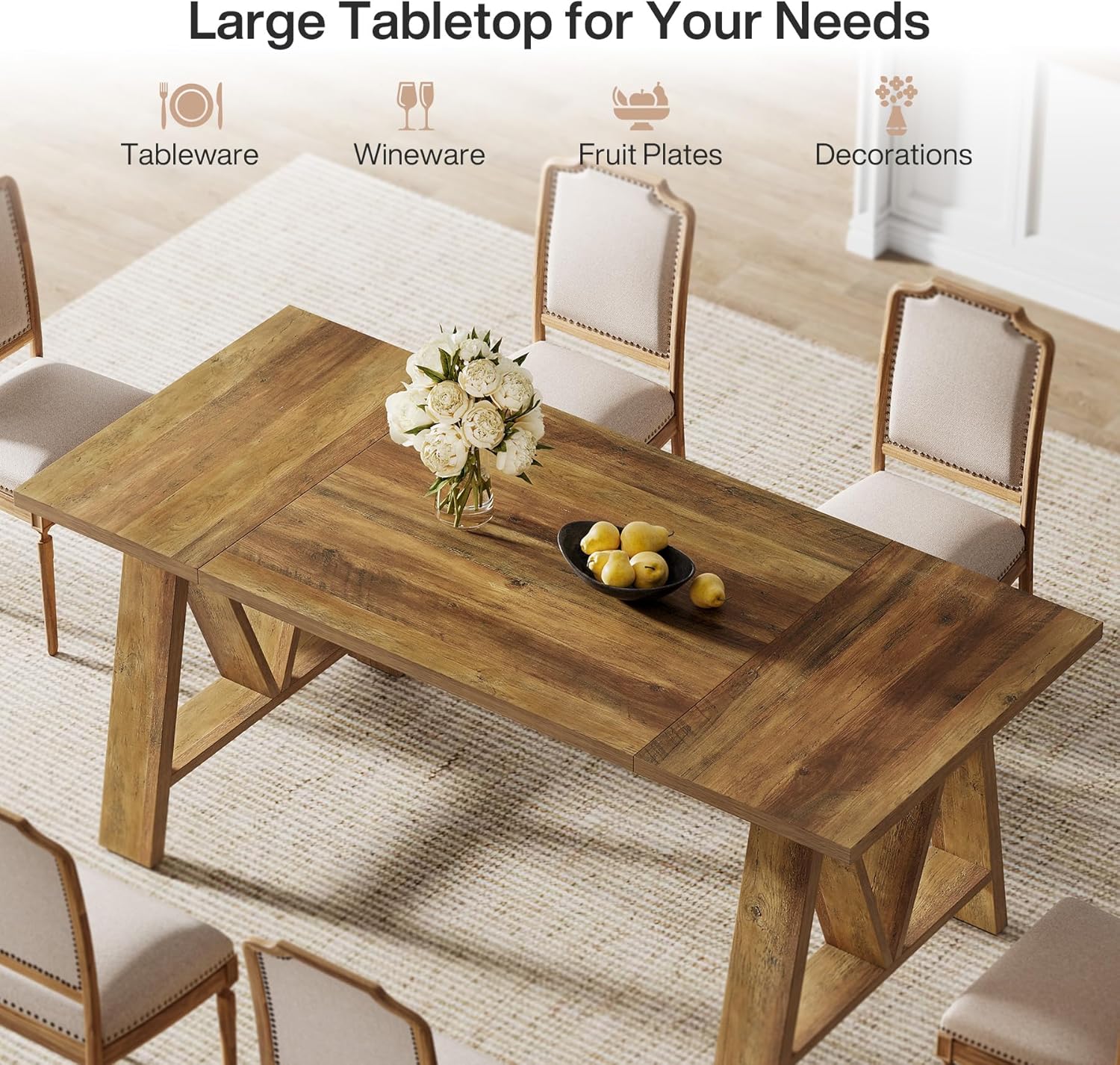 63" Dining Table, Rectangular Wooden Kitchen Table for 4-6