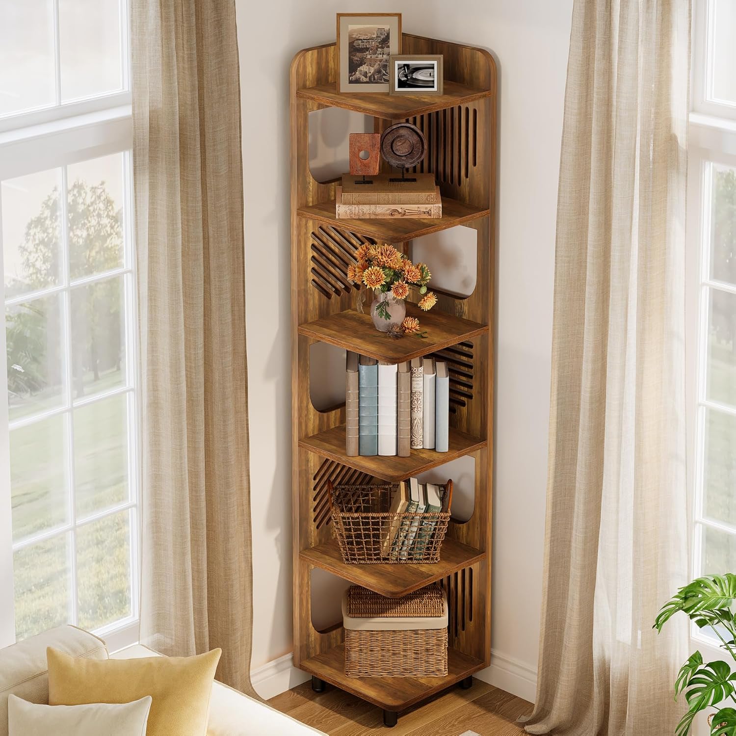 Tribesigns 6-Tier Corner Shelf, Tall Skinny Display Bookcase for Small Spaces