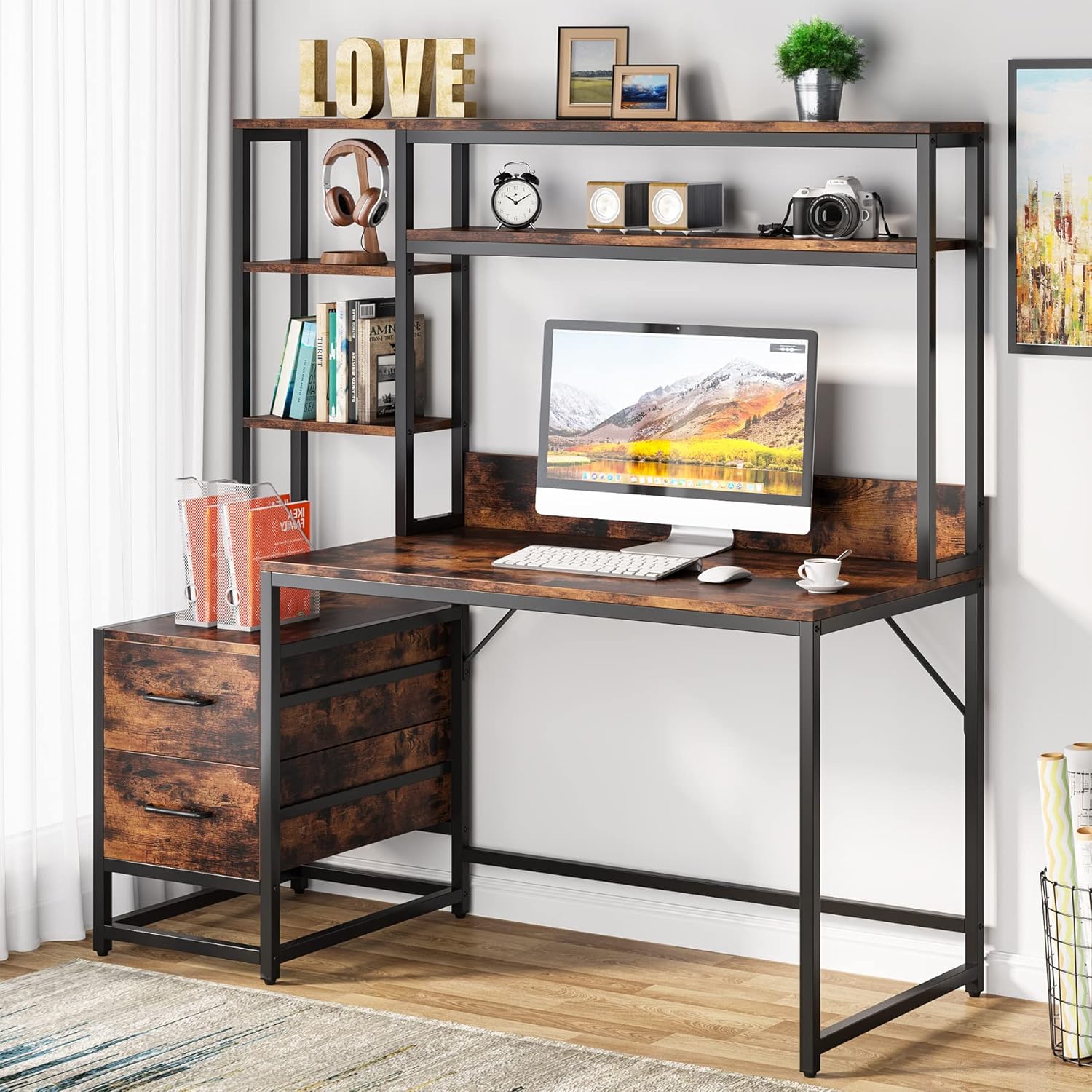Tribesigns 55 Inch Computer Desk with Storage Shelves, Rustic Office Desk with Drawers