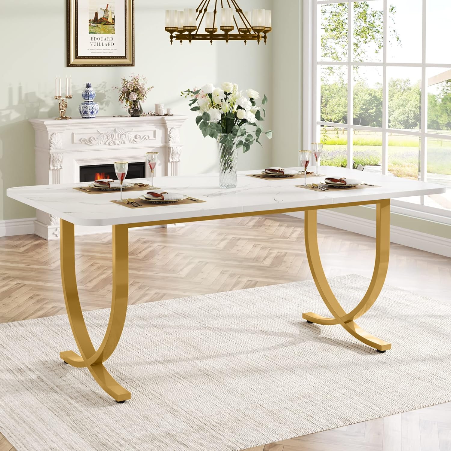 63" Modern Kitchen Table with Gold Metal Legs, Faux Marble Rectangular Dining Table