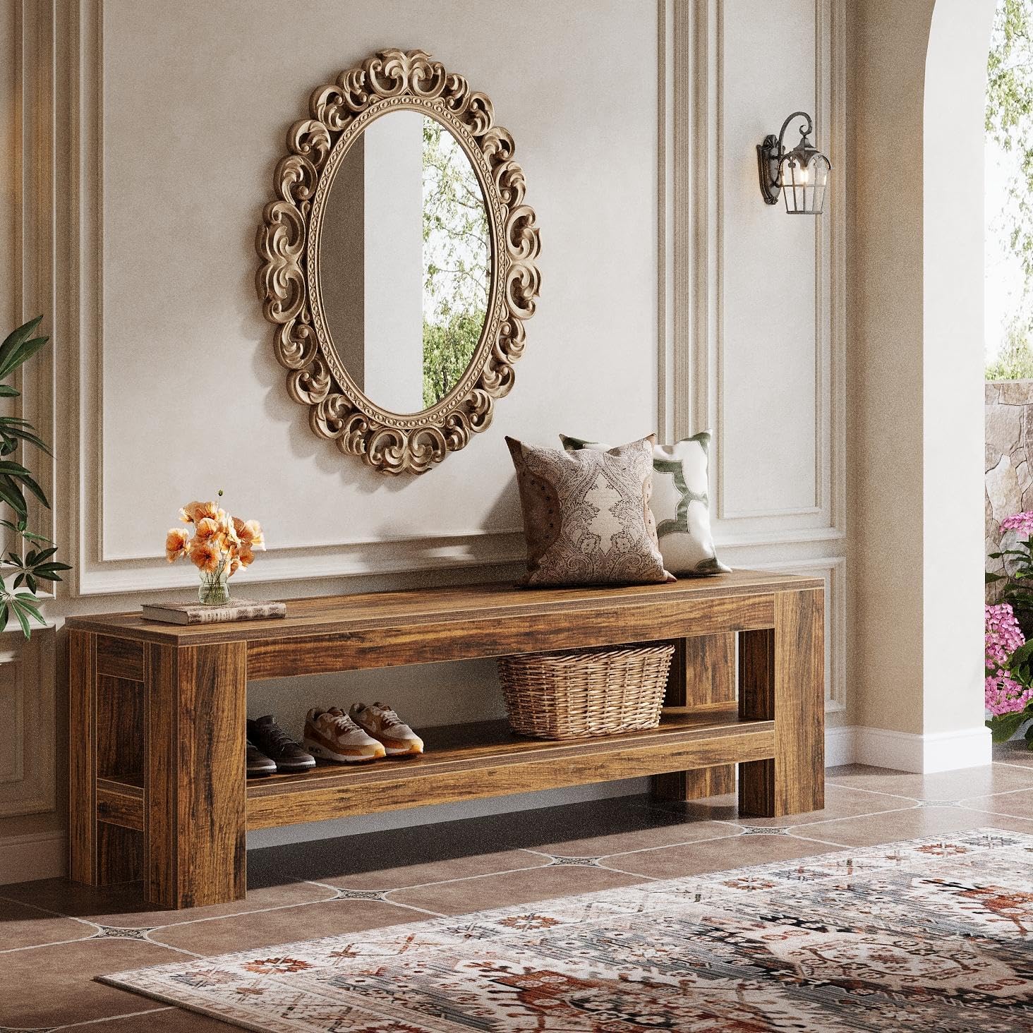 59" Entryway Bench, Farmhouse Indoor Console Shoe Bench End of Bed Table