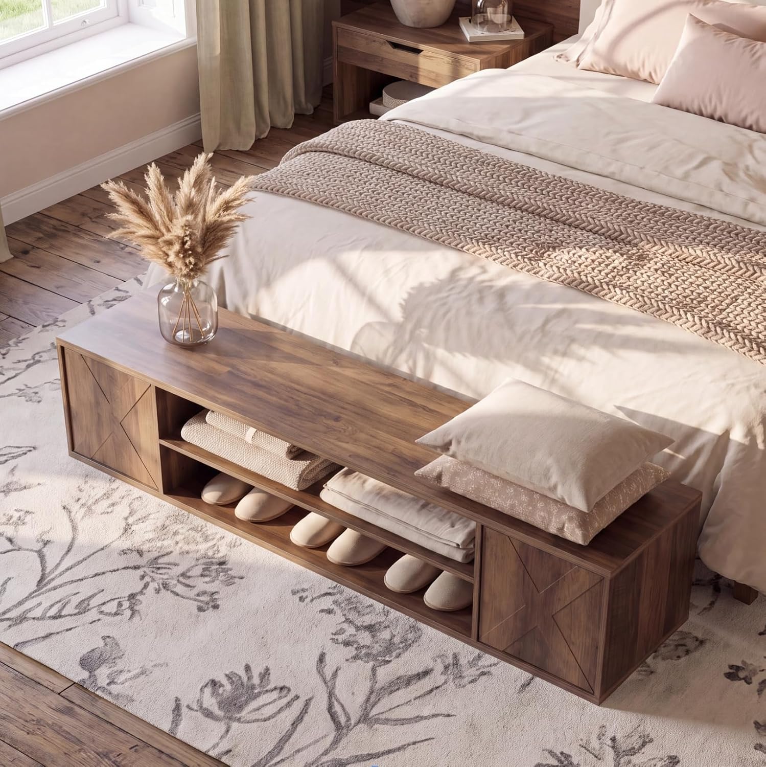 63" End of Bed Bench, 3-Tier Shoe Storage Bench with Cabinets