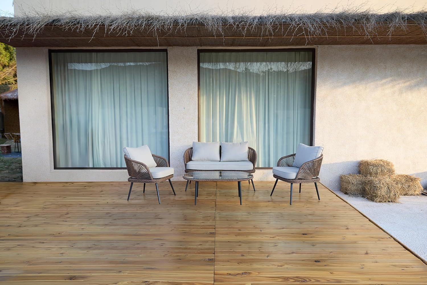 4-Piece Rattan Outdoor Patio Furniture Set with Removable Cushions and Coffee Table