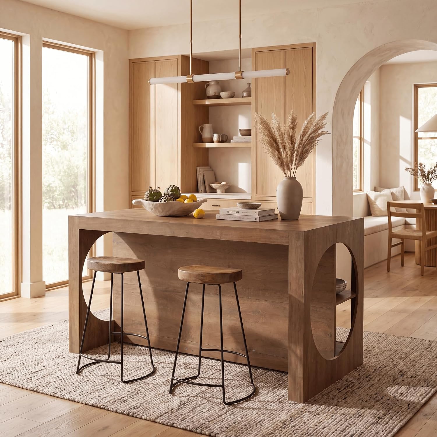 63" Farmhouse Kitchen Island with Seating, 3-Tier Storage, Large Countertop, Dining Room Table