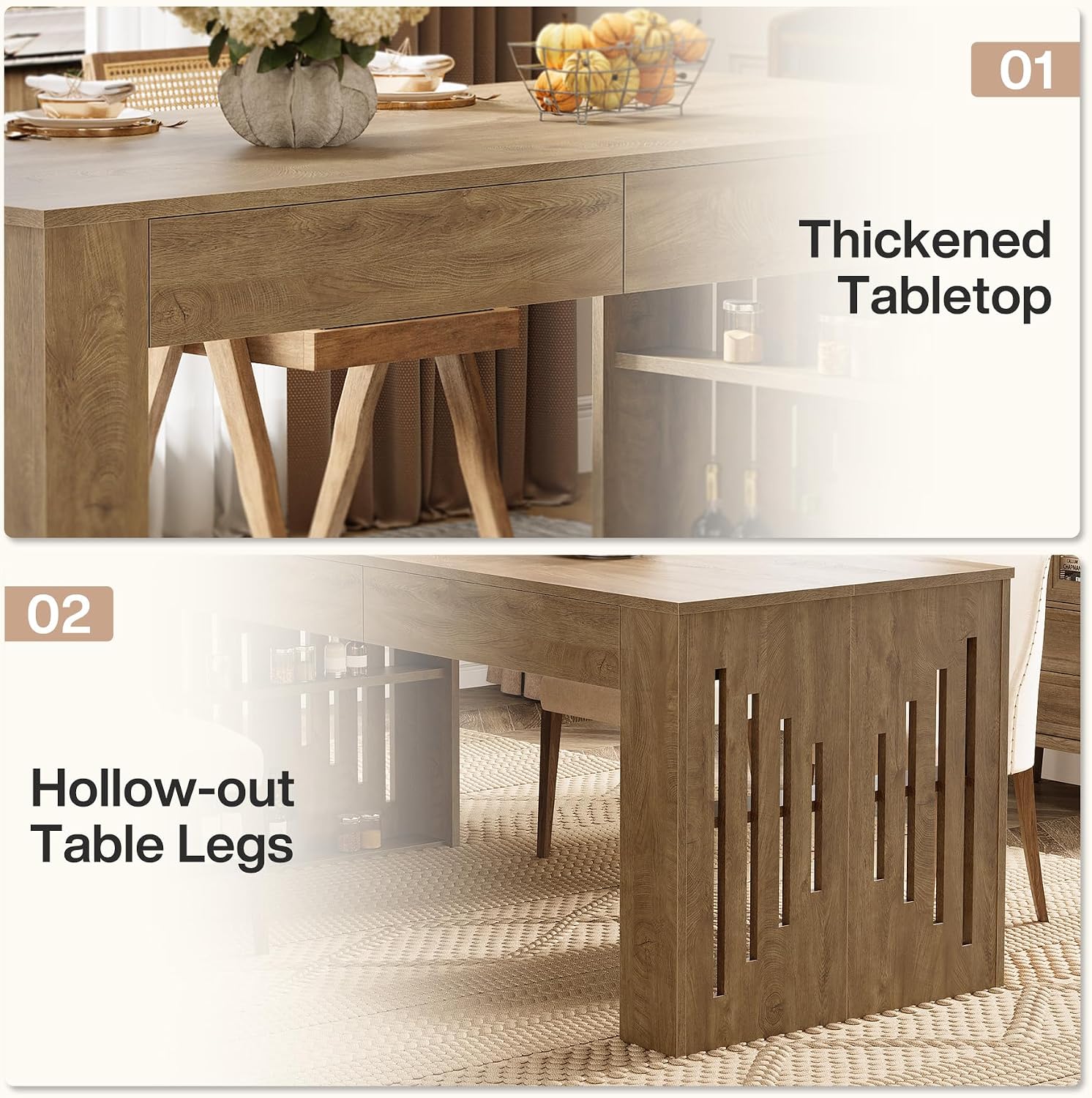 63" Rectangular Dining Table, Rustic Kitchen Table with Drawers for 4 Persons