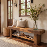 71 Inch Fluted Entryway Bench, Solid Wood Shoe Bench with Storage Shelf for Hallway 3