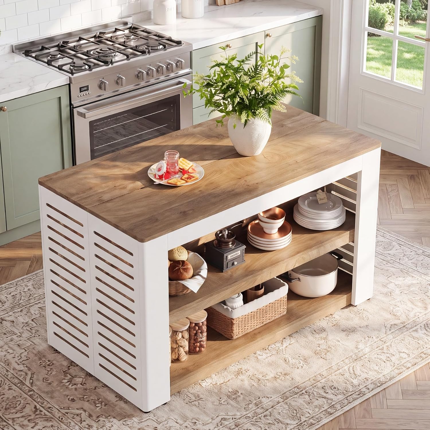 55" Farmhouse Kitchen Island, 3-Tier Wooden Stationary Island Table for Kitchen