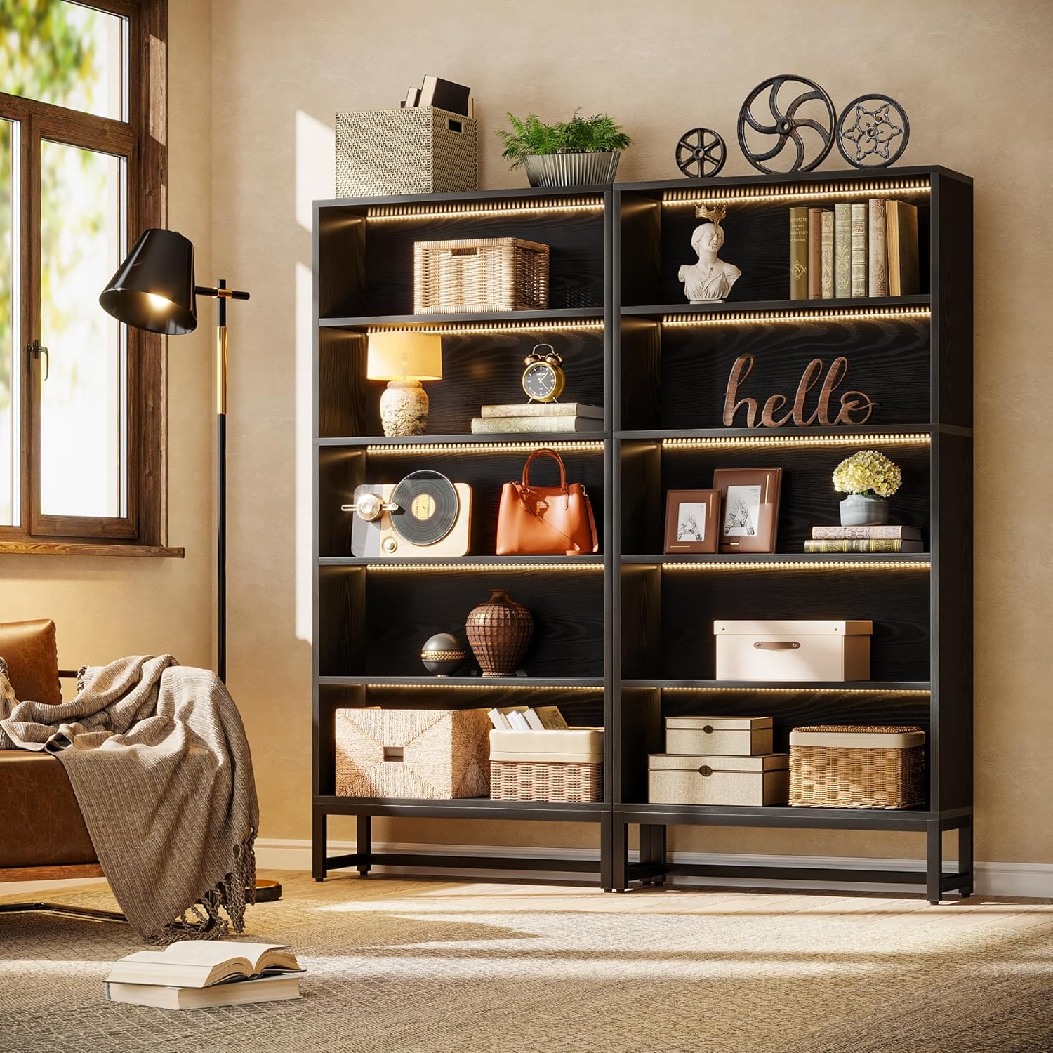 Tribesigns 70.8-Inch Tall Bookcase with LED Lights, 5-Tier Black