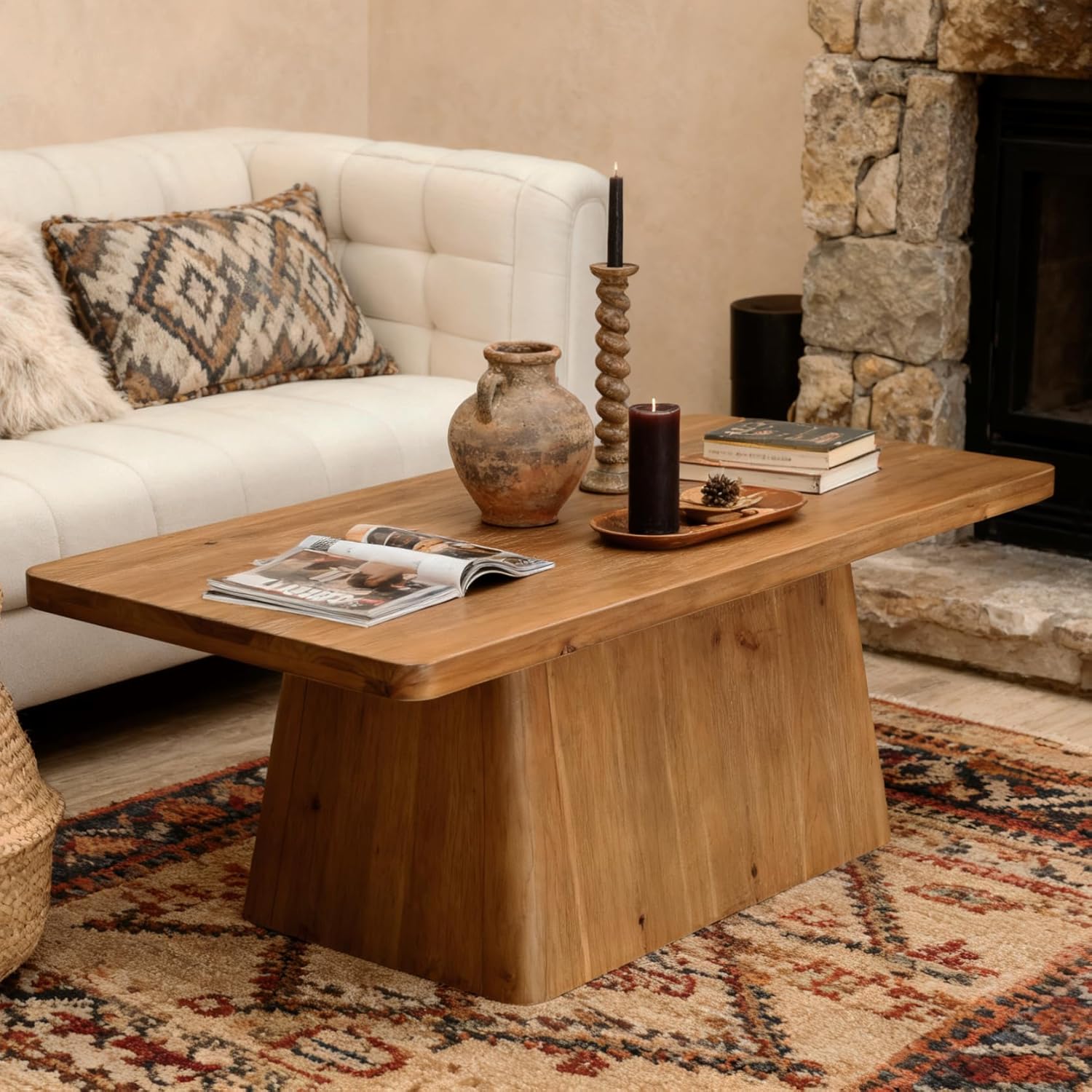 47" Wood Coffee Table, Farmhouse Center Table Tea Table with Sturdy Pedestal