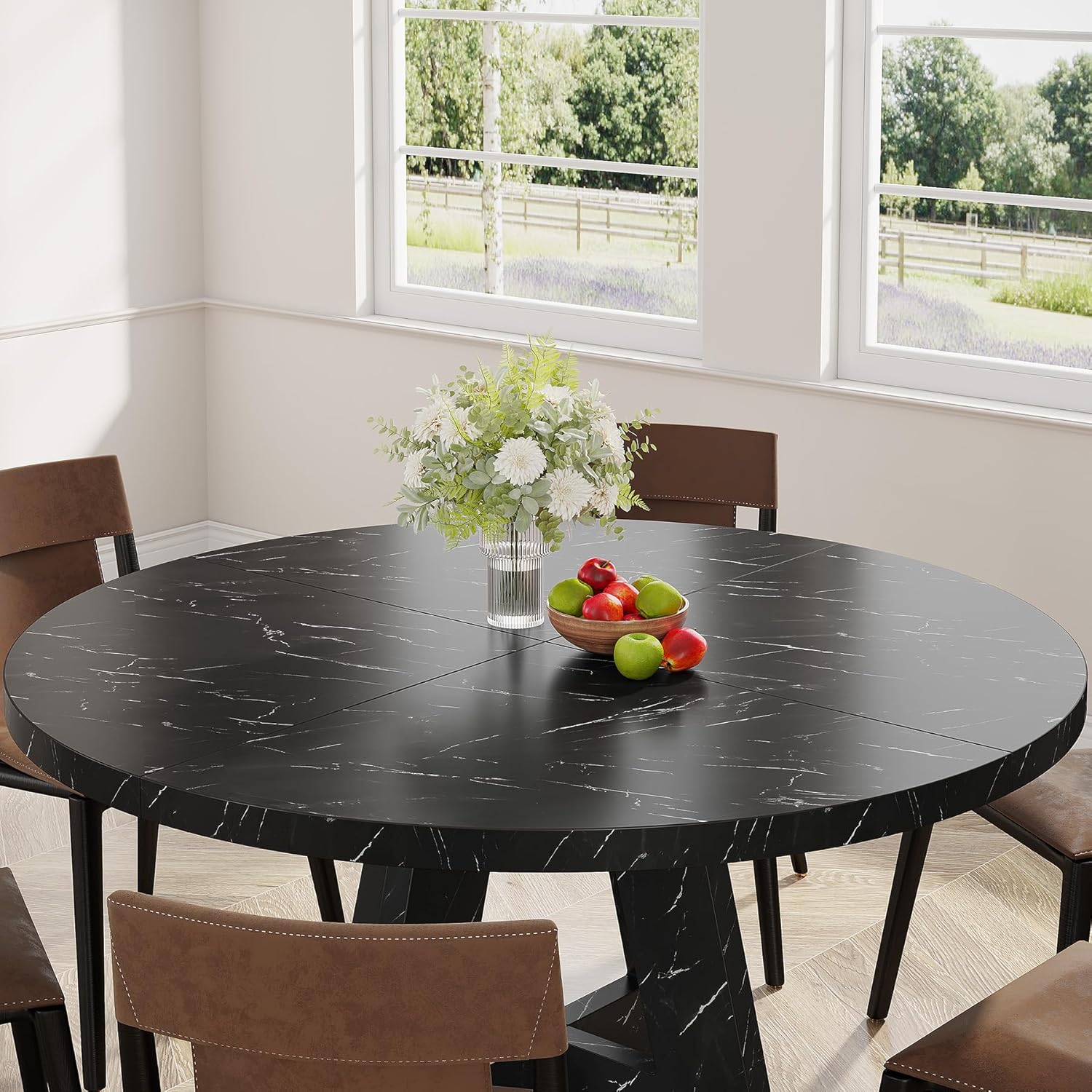 47-Inch Round Farmhouse Dining Table for 4–6 with Cross-Style Pedestal Base