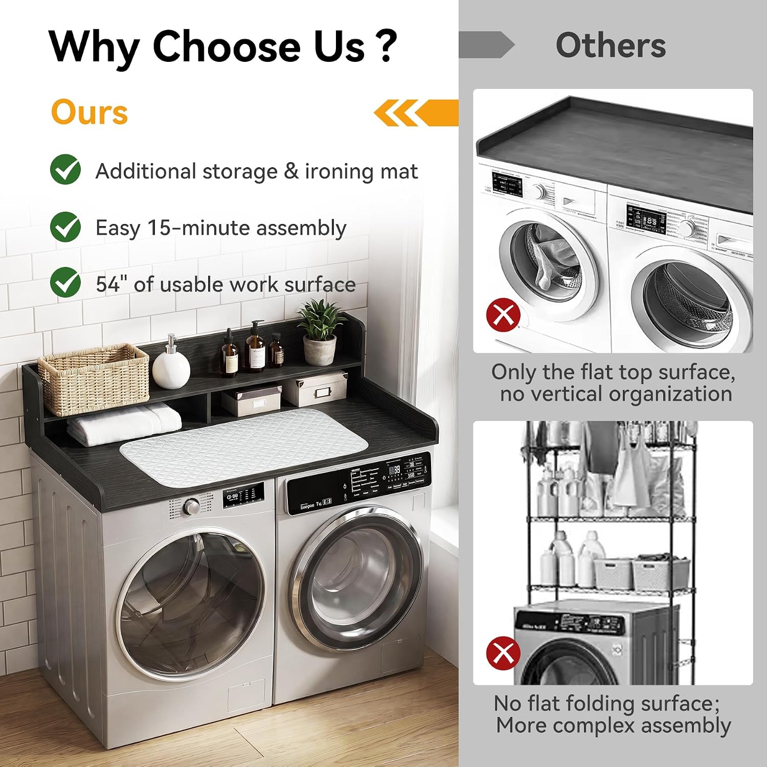 2-Tier Washer Dryer Countertop with Ironing Mat for Laundry Room Organization, Waterproof, Stain-Resistant