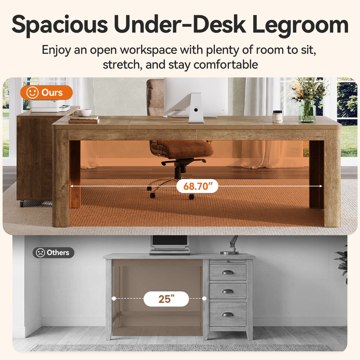 79" L-Shaped Executive Desk with Mobile File Cabinet, Modern Home Office Desk