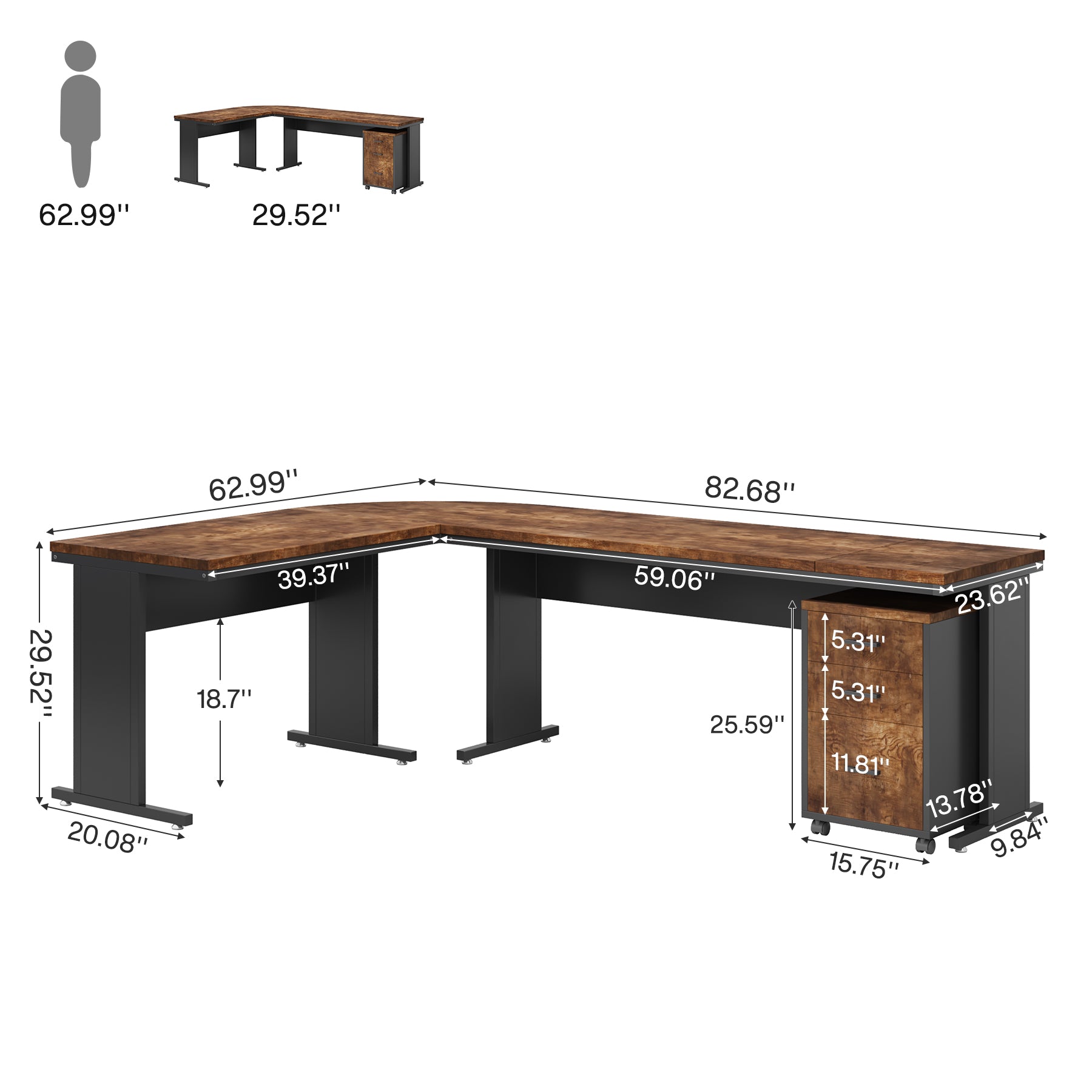 83" L-Shaped Desk, Industrial Corner Executive Desk with Mobile File Cabinet