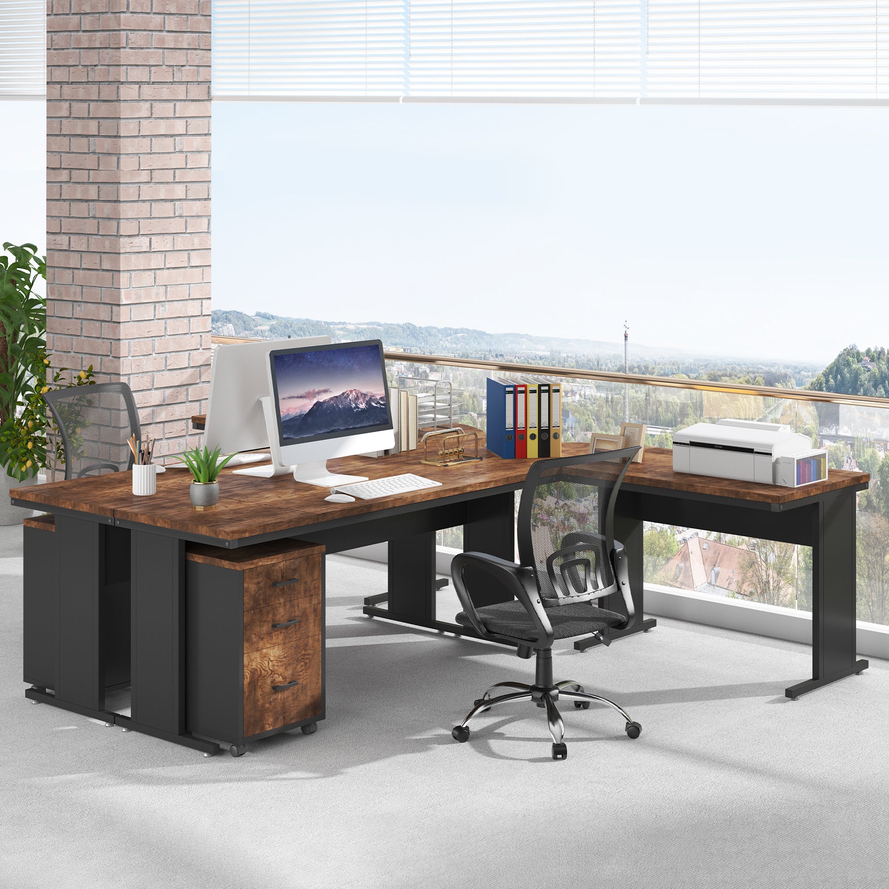 83" L-Shaped Desk, Industrial Corner Executive Desk with Mobile File Cabinet
