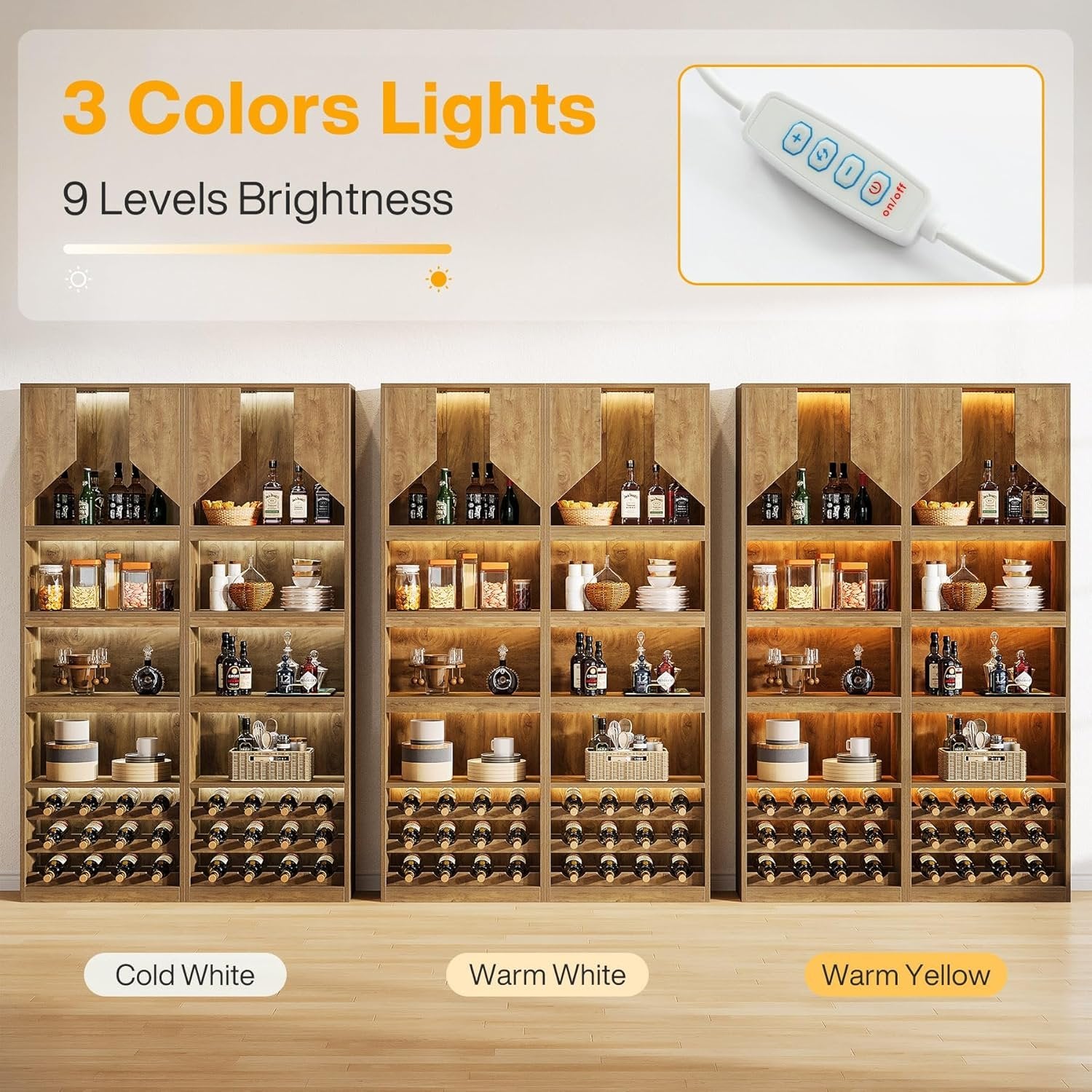 86.6" Wine Bar Cabinet, Farmhouse Home Bar Liquor Cabinet with with Stripe Light