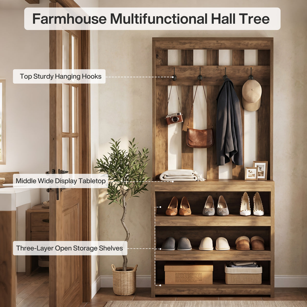 71" Room Divider with Shelves, Farmhouse Wall Partition With 4 Hook for Living Room, Foyer