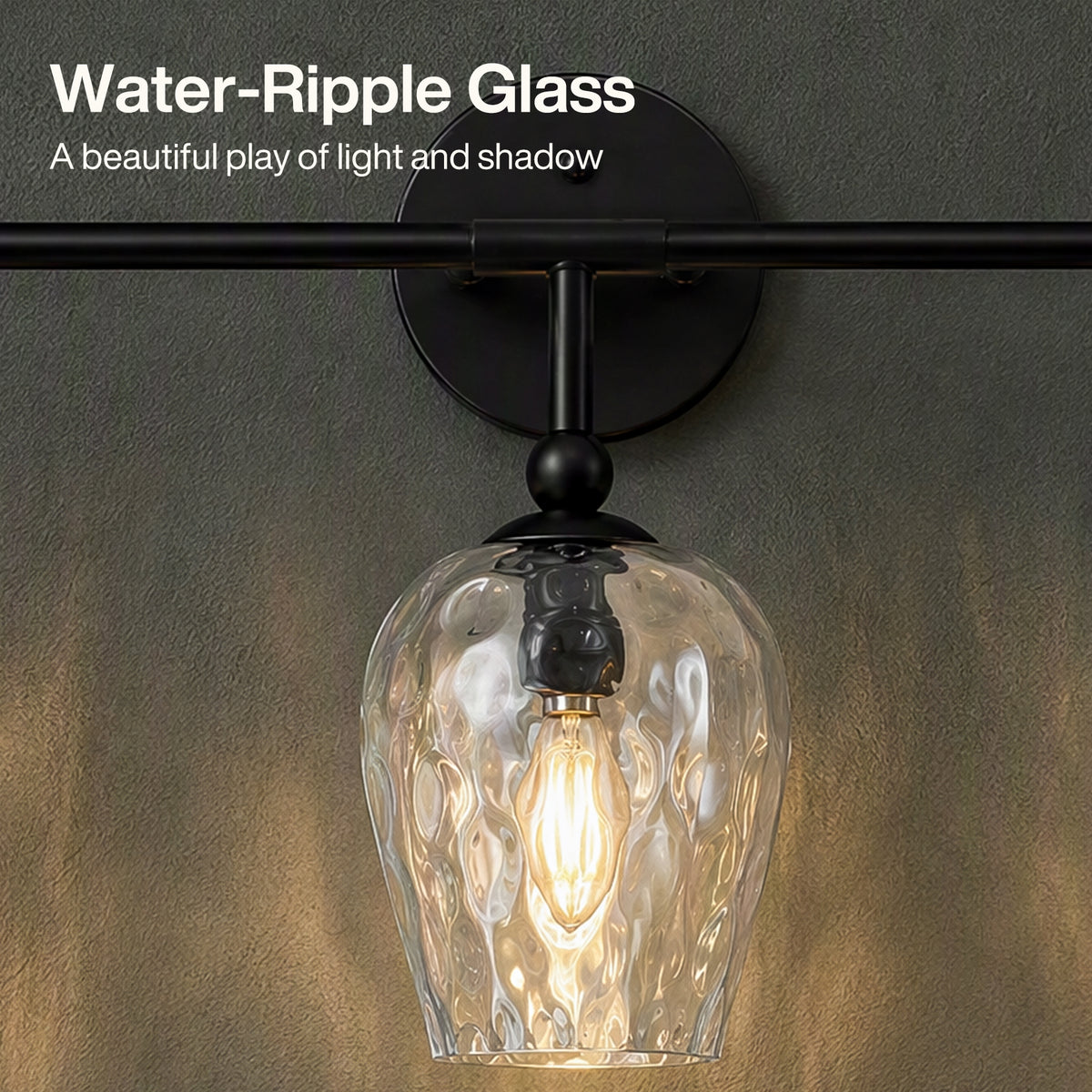 3-Light 22" Bathroom Vanity Light, Matte Black Wall Sconce with Water Ripple Glass