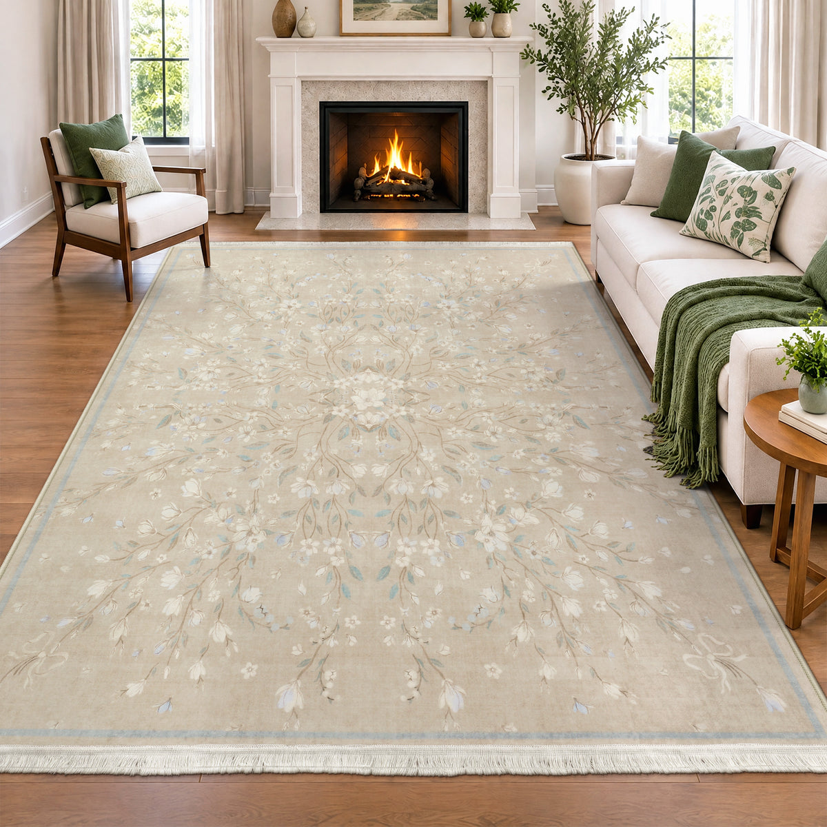 Boho Floral Washable Area Rug,Soft Non-Slip Low Pile Carpet for Living Room
