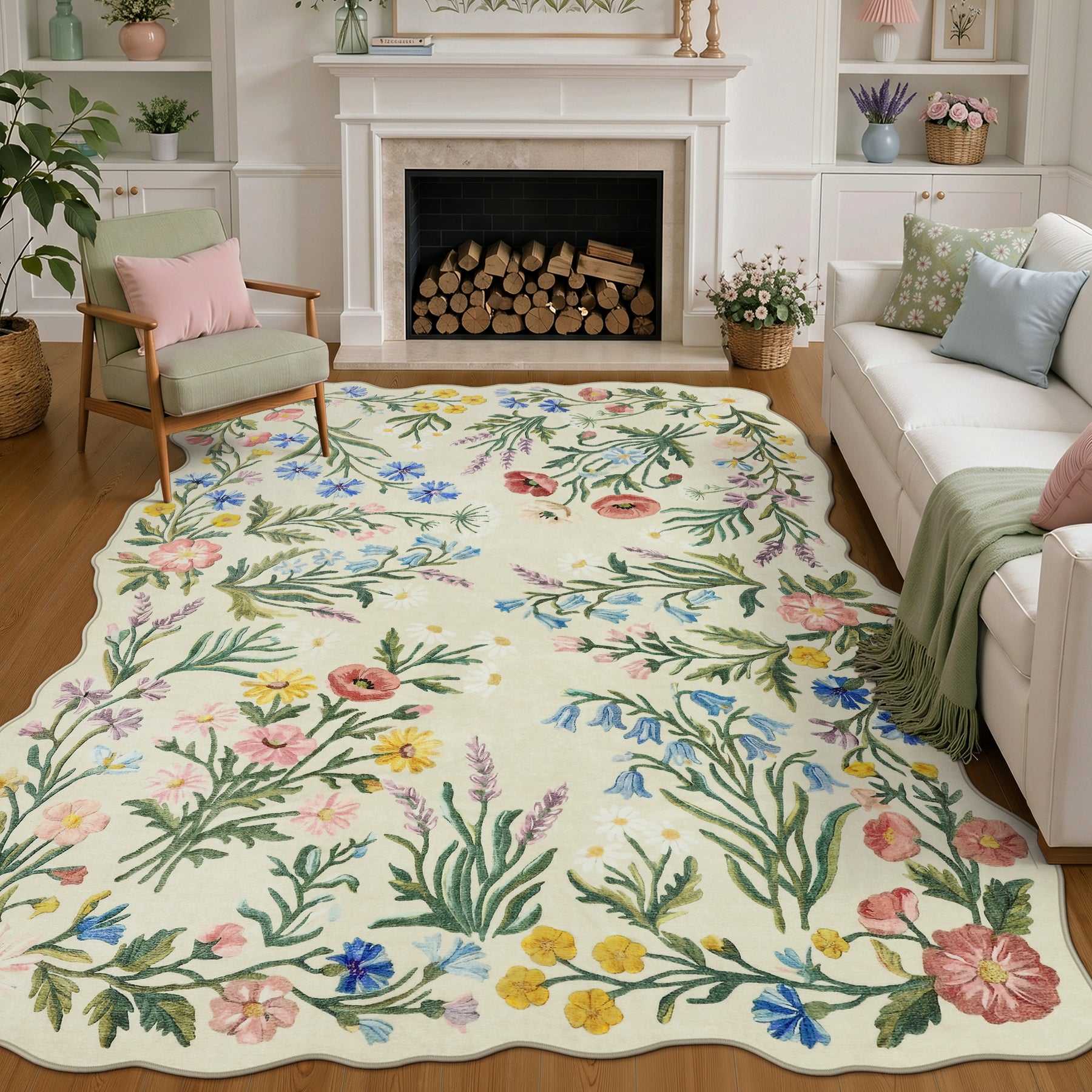 5x7/8x10 Floral Area Rug, Machine Washable Faux Wool, Non-Slip Scalloped Botanical Carpet
